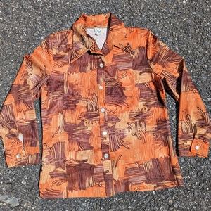 Vintage 1970s Orange Brown Patchwork Scarecrow Button Down Shirt L Jenn Lynn Vtg